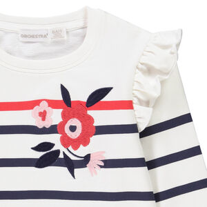 Marinière avec manches volantées et broderies fleurs fille 
