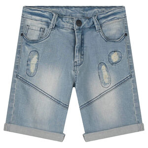 Junior - Bermuda en jeans avec usures fantaisie et découpes 