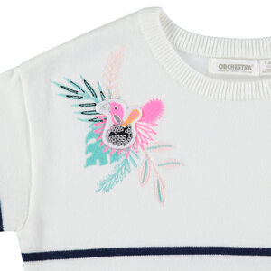 Pull en tricot rayé avec broderie colorée et badge à sequins 