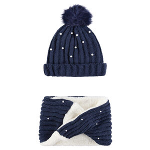 Junior - Ensemble bonnet et snood en tricot doublés sherpa avec perles fantaisie 