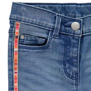 Jean slim effet used à bandes latérales colorées 