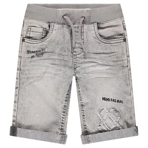 Bermuda en jeans gris avec taille élastiquée et inscriptions printées 