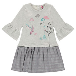 Robe bi-matière effet 2 en 1 avec prints fantaisie et manches évasées 