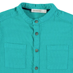 Chemise manches courtes en toile col mao et poches 