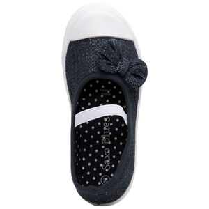 Babies en toile bleue mélangée de fils brillants à noeud et lanière élastiquée 