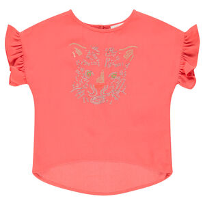 Top manches courtes en voile avec tigre en strass 