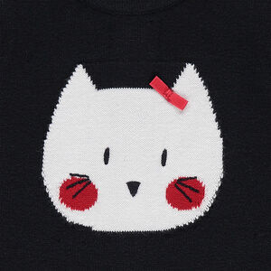 Robe manches courtes en tricot avec chat en jacquard et rayures placées 