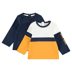 Lot de 2 Tee-shirts manches longues en jersey uni / contrasté avec print 