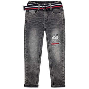 Jean souple effet used avec ceinture ajustable rayée 