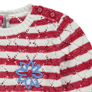 Pull marinière en point fantaisie ajouré avec fleur brodée 