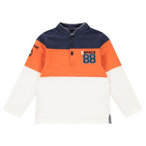 Polo manches longues tricolore avec broderies et col mao 