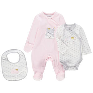Set de naissance avec dors-bien en velours, body manches longues et bavoir 