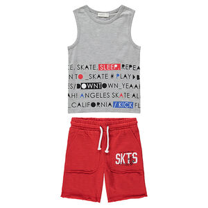 Ensemble avec débardeur à messages printé et bermuda rouge 