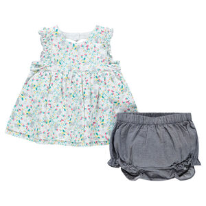 Ensemble avec tunique à fleur et bloomer avec chat brodé 