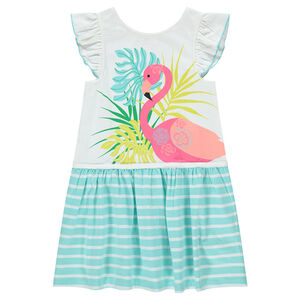 Robe manches courtes avec flamant rose printé et bas rayé 