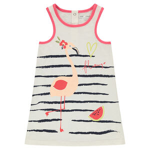 Robe sans manches en jersey slub avec rayures et flamant rose printés 