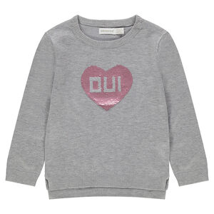 Pull en tricot gris chiné avec coeur en sequins magiques 