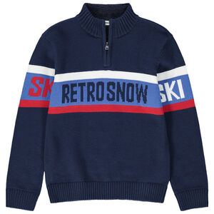 Junior - Pull en tricot à col montant zippé et inscriptions en jacquard 