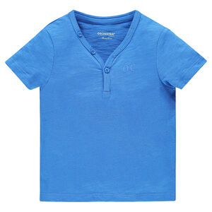 Tee-shirt manches courtes col tunisien uni avec logo printé 