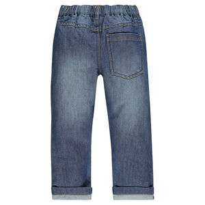 Jeans coupe droite effet délavé à taille élastiquée. 
