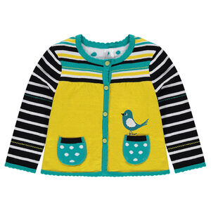 Gilet en tricot avec rayures placées et oiseau en jacquard 