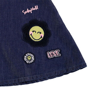 Robe-salopette en chambray avec bretelles volantées et Smiley brodé 