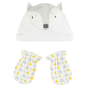Ensemble bonnet et moufles en jersey imprimé renard 