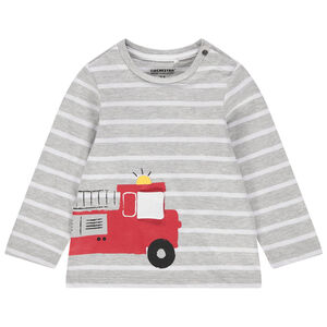 T-shirt manches longues en coton bio à rayures et camion de pompier printé 