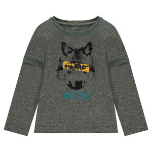 Tee-shirt manches longues effet 2 en 1 avec loup printé 