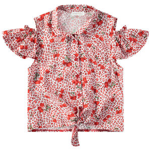 Chemisier à épaules ajourées imprimé léopard et cerises all-over 