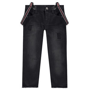 Jeans effet used avec bretelles rayées amovibles 