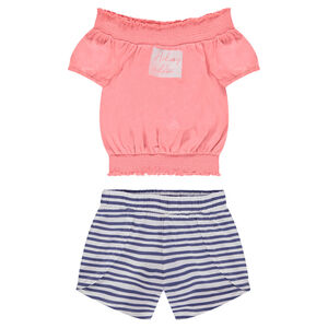 Junior - Ensemble avec top smoké à épaules dénudées et short rayé 