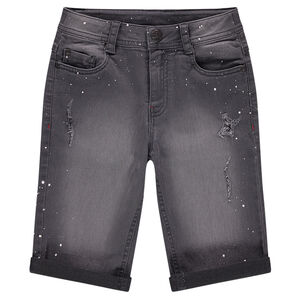 Junior - Bermuda en jeans used avec tâches effet peinture 
