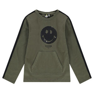 Tee-shirt manches longues en jersey lourd et Smiley en sequins magiques 