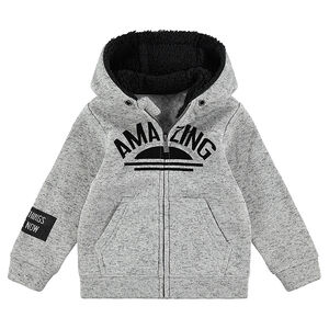 Veste en molleton chiné avec capuche doublée sherpa et textes printés 