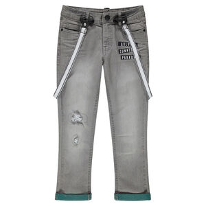 Junior - Jeans effet used et crinkle avec bretelles ajustables amovibles 