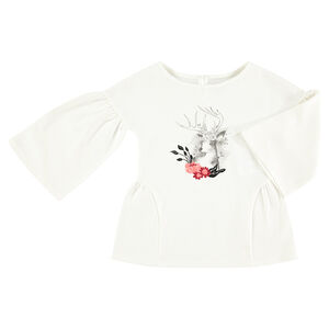 Tunique volantée en maille avec cerf printé et fleurs brodées 