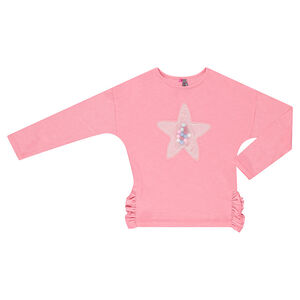 Tee-shirt manches longues volanté avec pompons sous empiècement en résille 