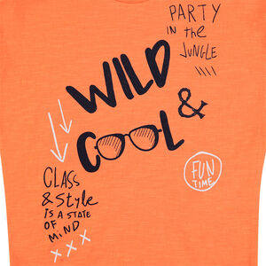 Tee-shirt manches courtes orange avec inscriptions printées 