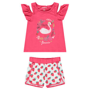 Ensemble avec tee-shirt à épaules ajourées et short print fraises 