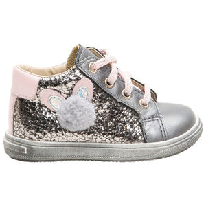 Bottillons en cuir argenté à lacets et pompon sur le côté 