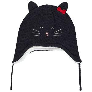 Bonnet en tricot avec doublure en sherpa broderies chat et noeud fantaisie pour bébé fille 