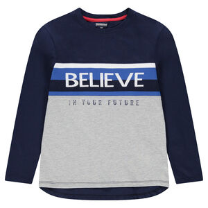 Junior - Tee-shirt manches longues en jersey avec inscription en jacquard sur le devant 