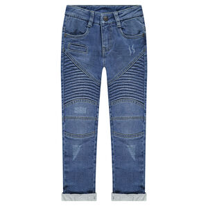 Jeans effet used et crinkle doublé jersey avec jeux de découpes 