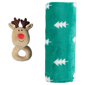 Ensemble couverture sherpa motif sapins et hochet renne  