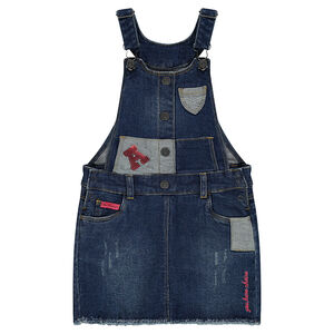 Robe en jeans effet used avec patchs et lettre en sequins 