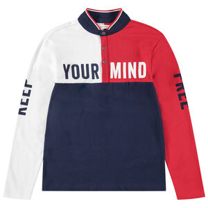 Junior - Polo manches longues tricolore avec inscriptions printées 