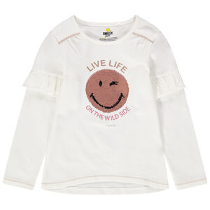 T-shirt manches longues volanté en jersey avec Smiley en sequins magiques 