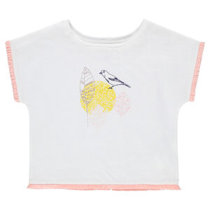Tee-shirt manches courtes avec finitions fantaisie et oiseau printé 