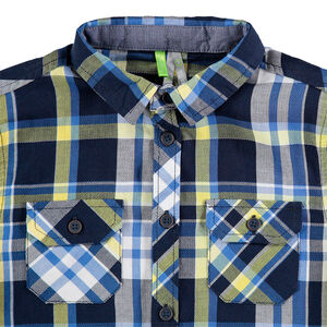 Chemise manches longues à carreaux contrastés bleu / anis et poches 